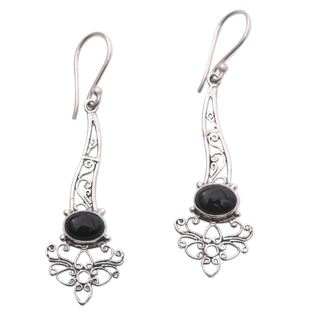 Onyx Sterling Silver Floral Motif Scrollwork Dangle Earrings - Midnight Garden Breeze