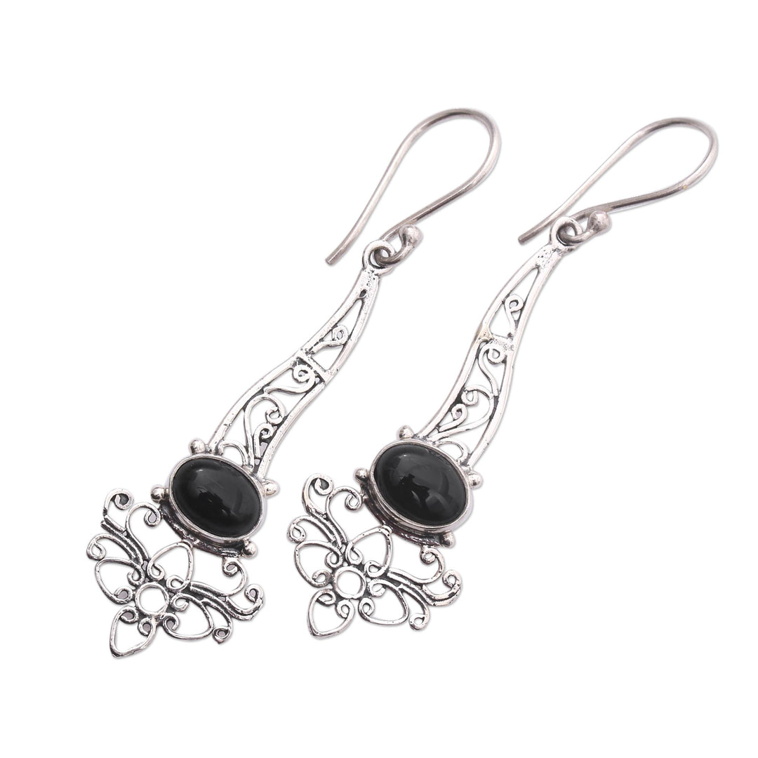Onyx Sterling Silver Floral Motif Scrollwork Dangle Earrings - Midnight Garden Breeze