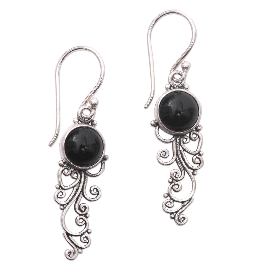 Handcrafted Onyx Sterling Silver Scrollwork Dangle Earrings - Malam Dance