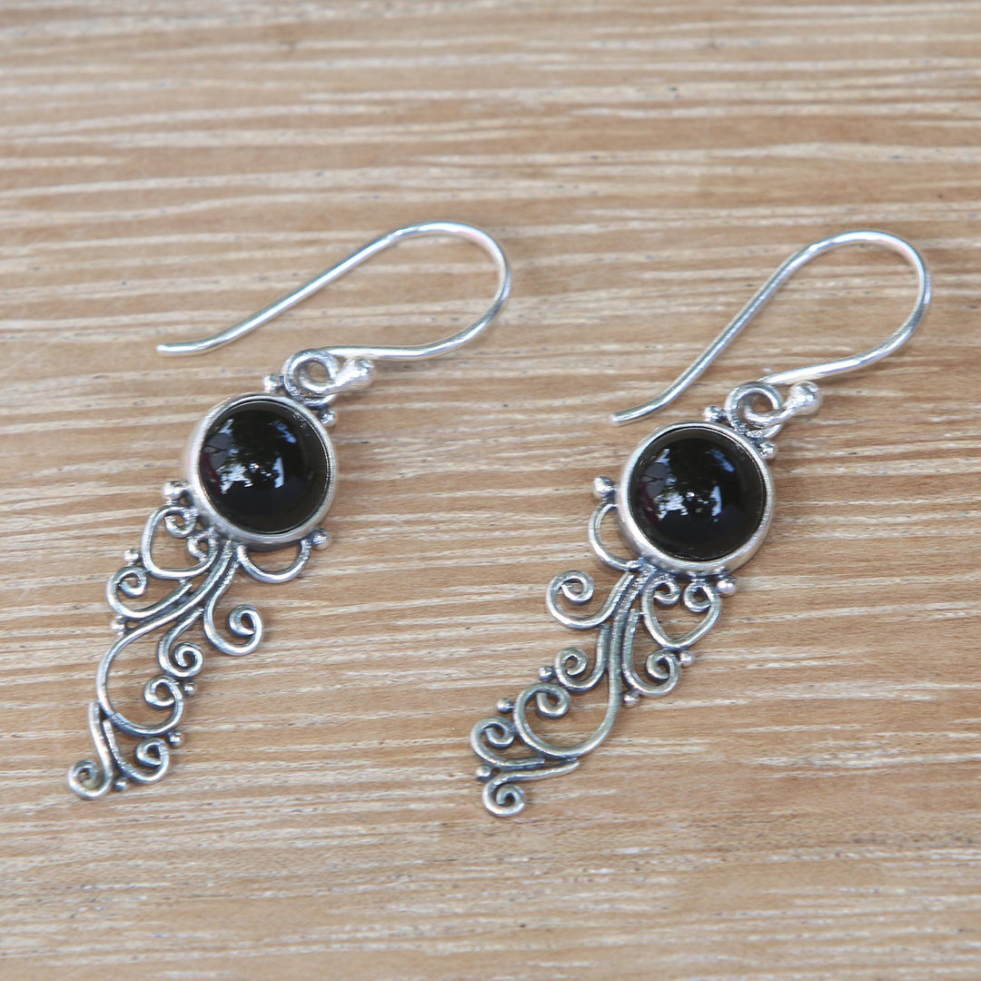 Handcrafted Onyx Sterling Silver Scrollwork Dangle Earrings - Malam Dance