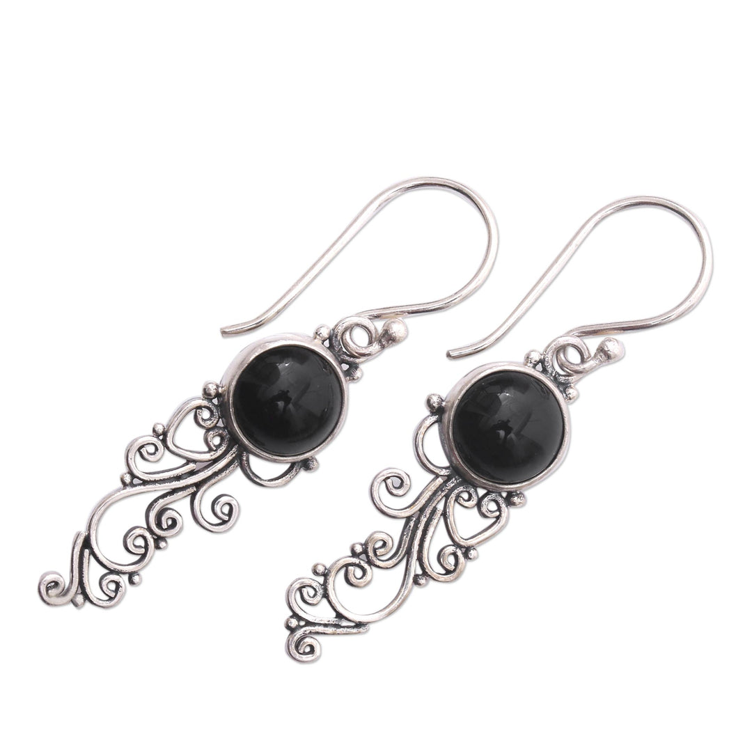 Handcrafted Onyx Sterling Silver Scrollwork Dangle Earrings - Malam Dance