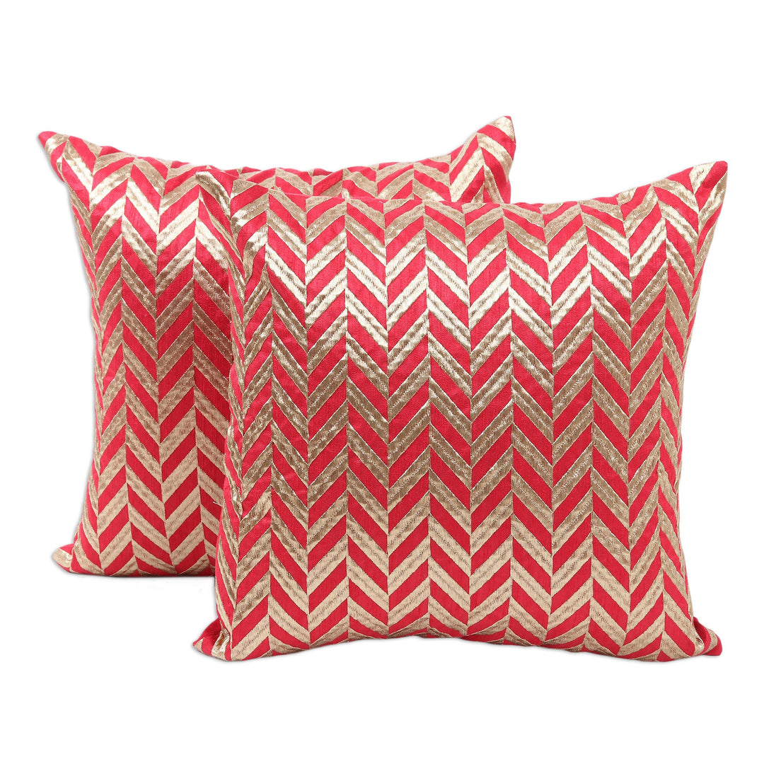 Red and Gold-Tone Chevron Motif Cushion Covers (Pair) - Elegant Chevron