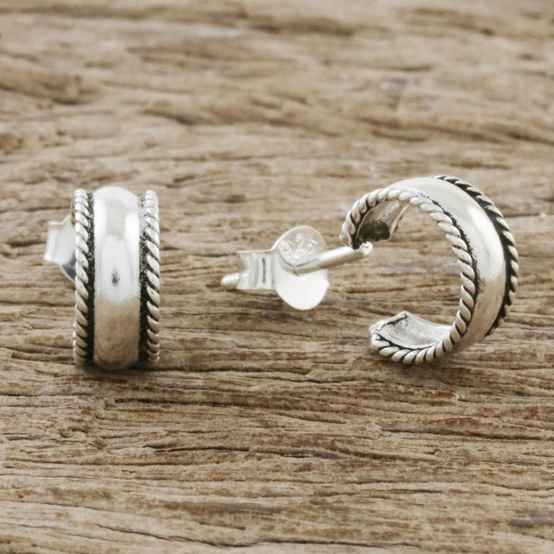 Rope Motif Sterling Silver Half-Hoop Earrings from Thailand - Purity of the Mind