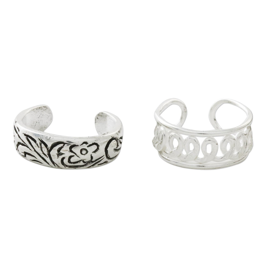 Floral and Wave Motif Sterling Silver Ear Cuffs - Dizzying Beauty