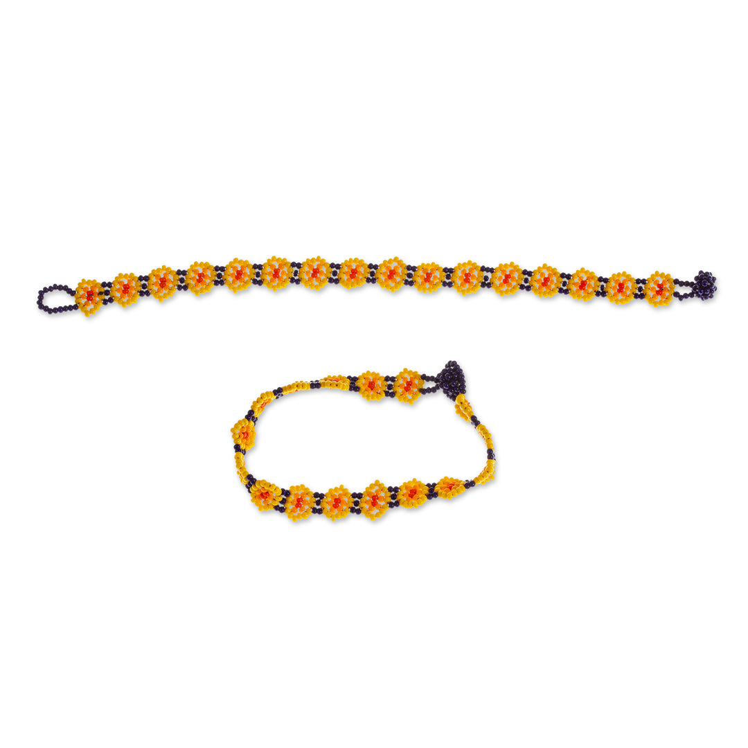 Floral Glass Beaded Wristband Bracelets (Pair) - Cheerful Greeting