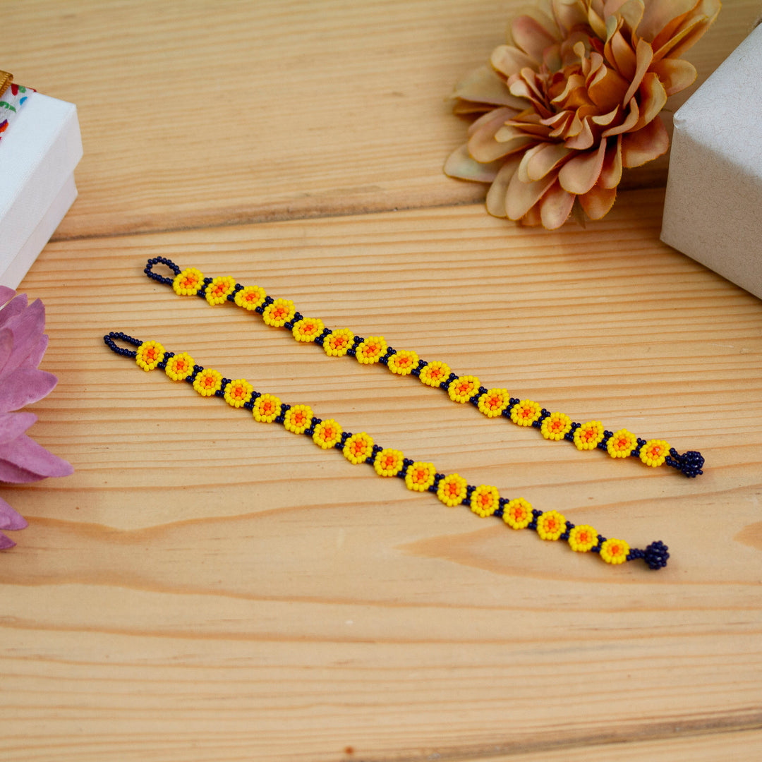 Floral Glass Beaded Wristband Bracelets (Pair) - Cheerful Greeting