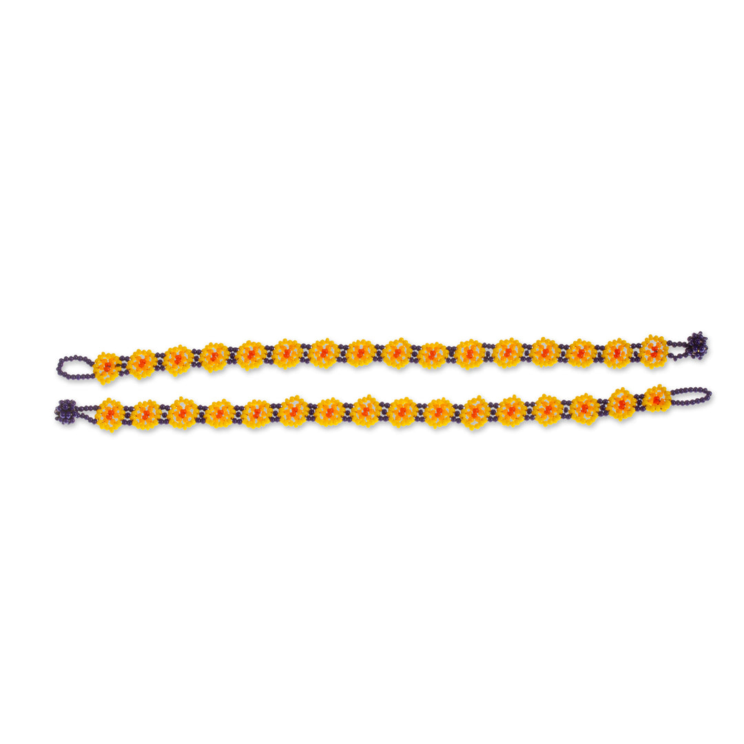 Floral Glass Beaded Wristband Bracelets (Pair) - Cheerful Greeting