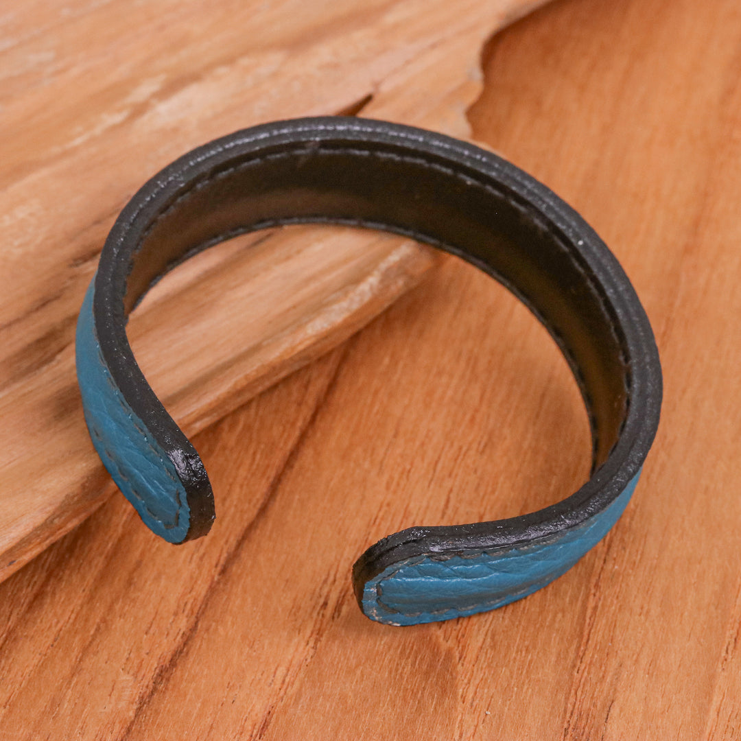 Men's Handcrafted Teal Leather Cuff Bracelet from Thailand - Rugged Simplicity