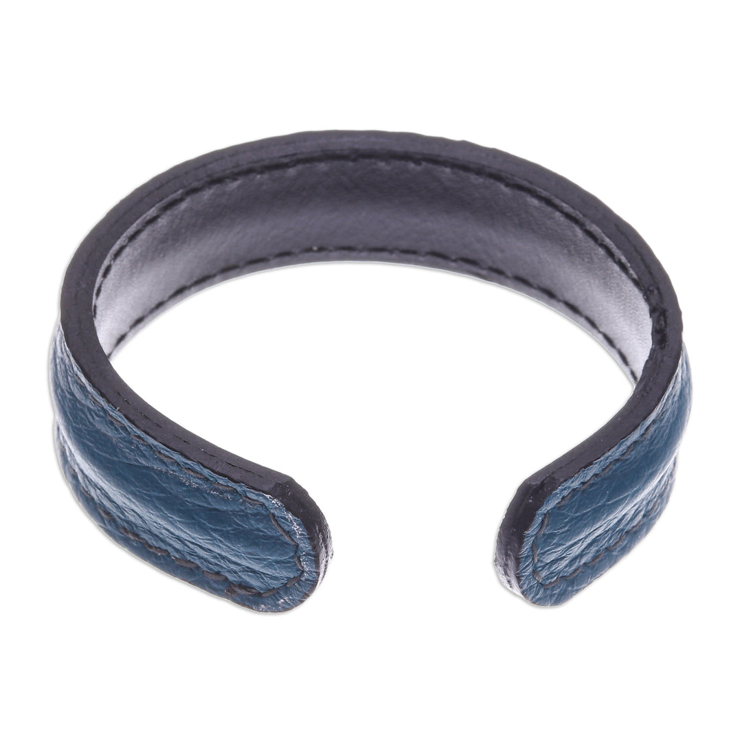Men's Handcrafted Teal Leather Cuff Bracelet from Thailand - Rugged Simplicity