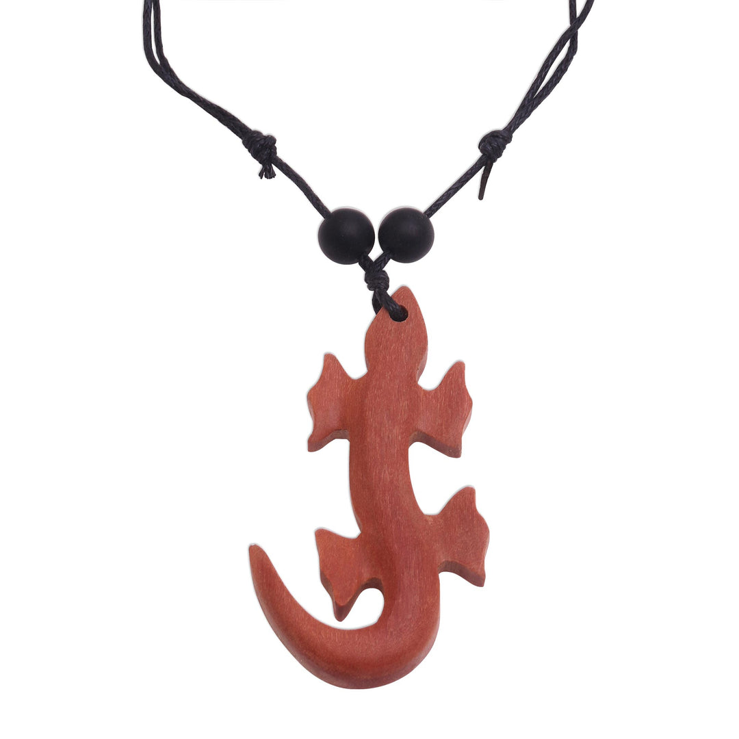 Sawo Wood Lizard Pendant Necklace from Bali - Crawling Lizard