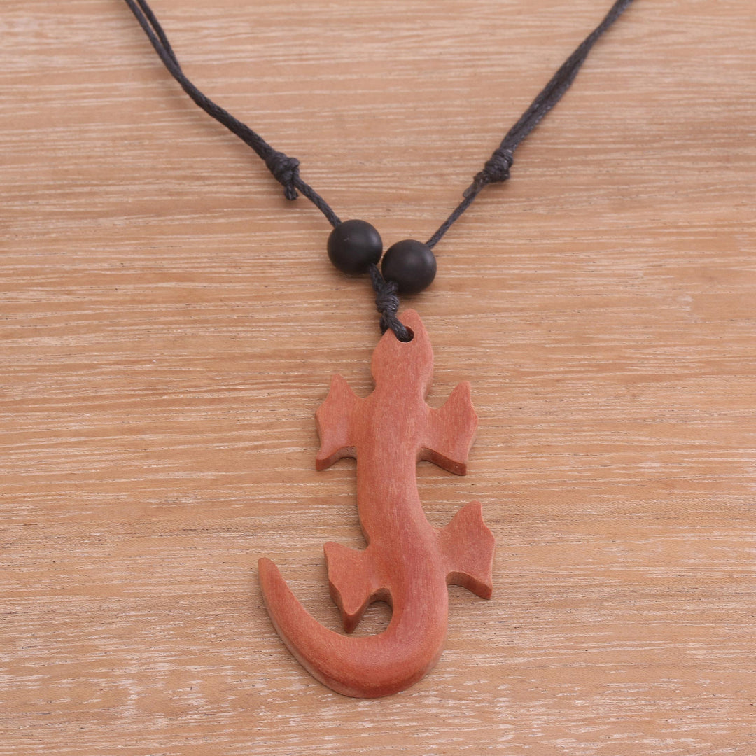 Sawo Wood Lizard Pendant Necklace from Bali - Crawling Lizard