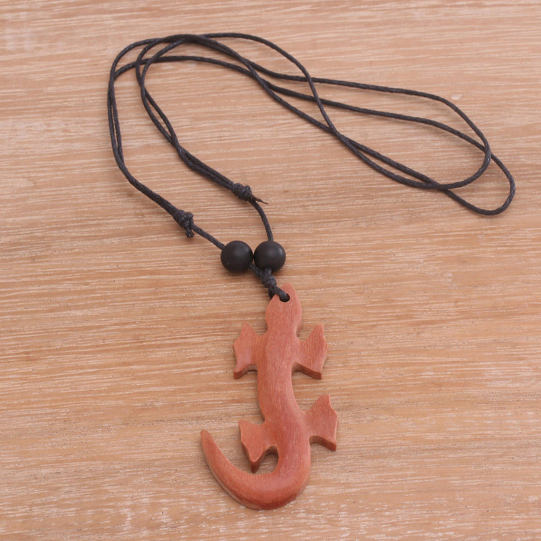 Sawo Wood Lizard Pendant Necklace from Bali - Crawling Lizard
