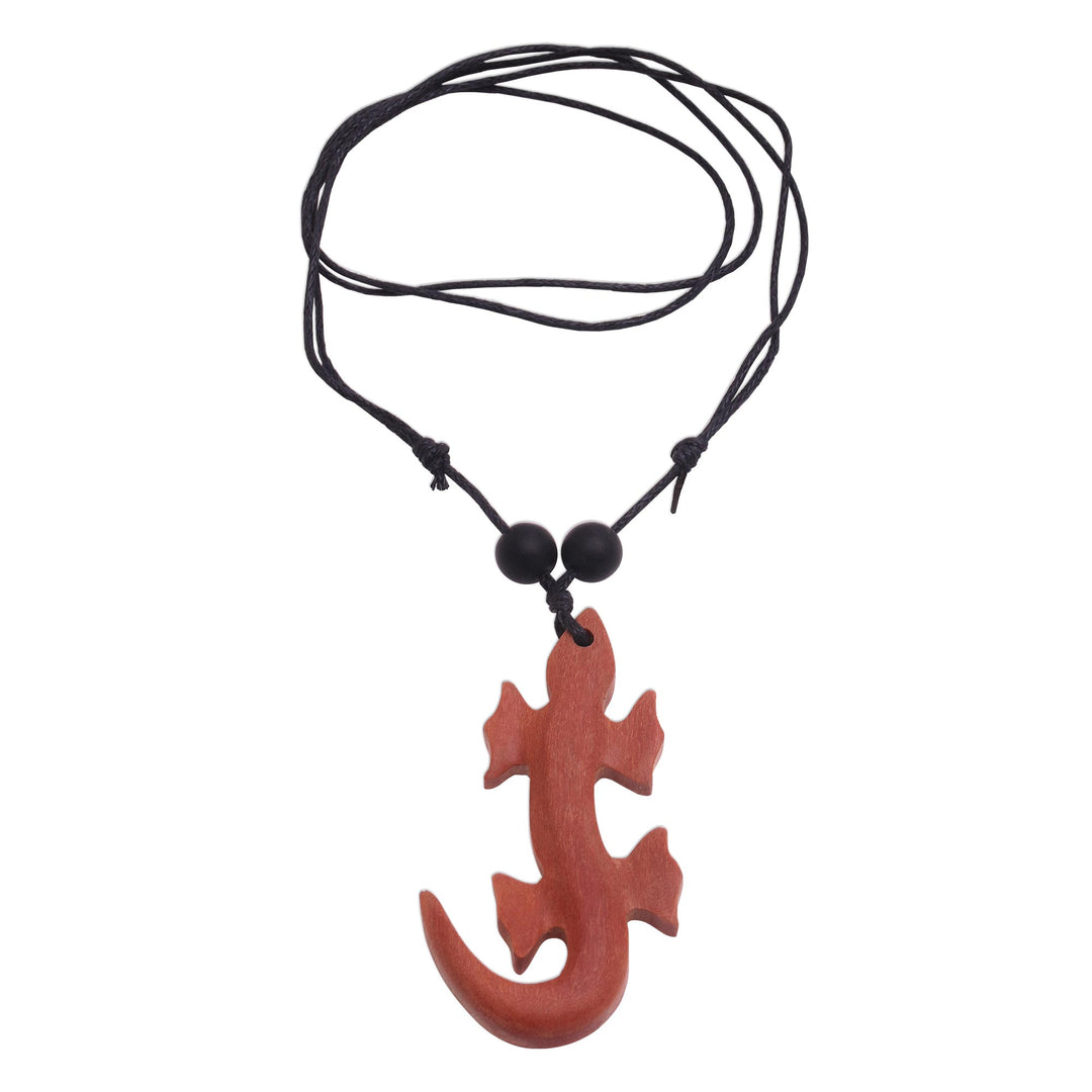 Sawo Wood Lizard Pendant Necklace from Bali - Crawling Lizard