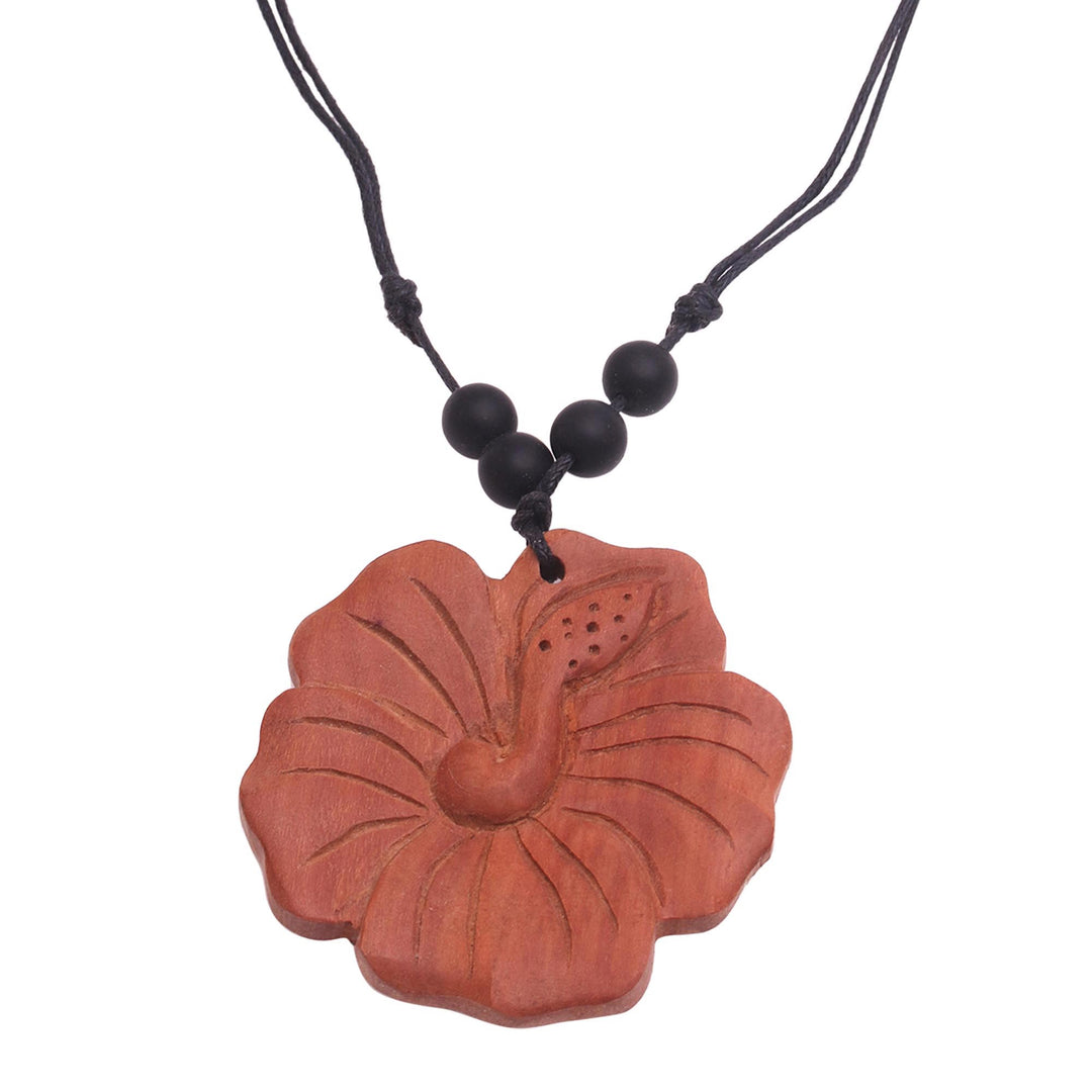 Light Brown Wood Hibiscus Flower Necklace from Bali - Light Brown Shoe Flower