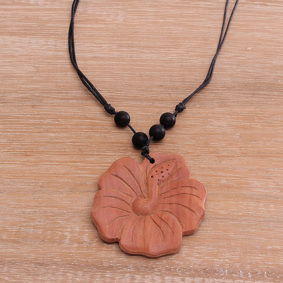 Light Brown Wood Hibiscus Flower Necklace from Bali - Light Brown Shoe Flower