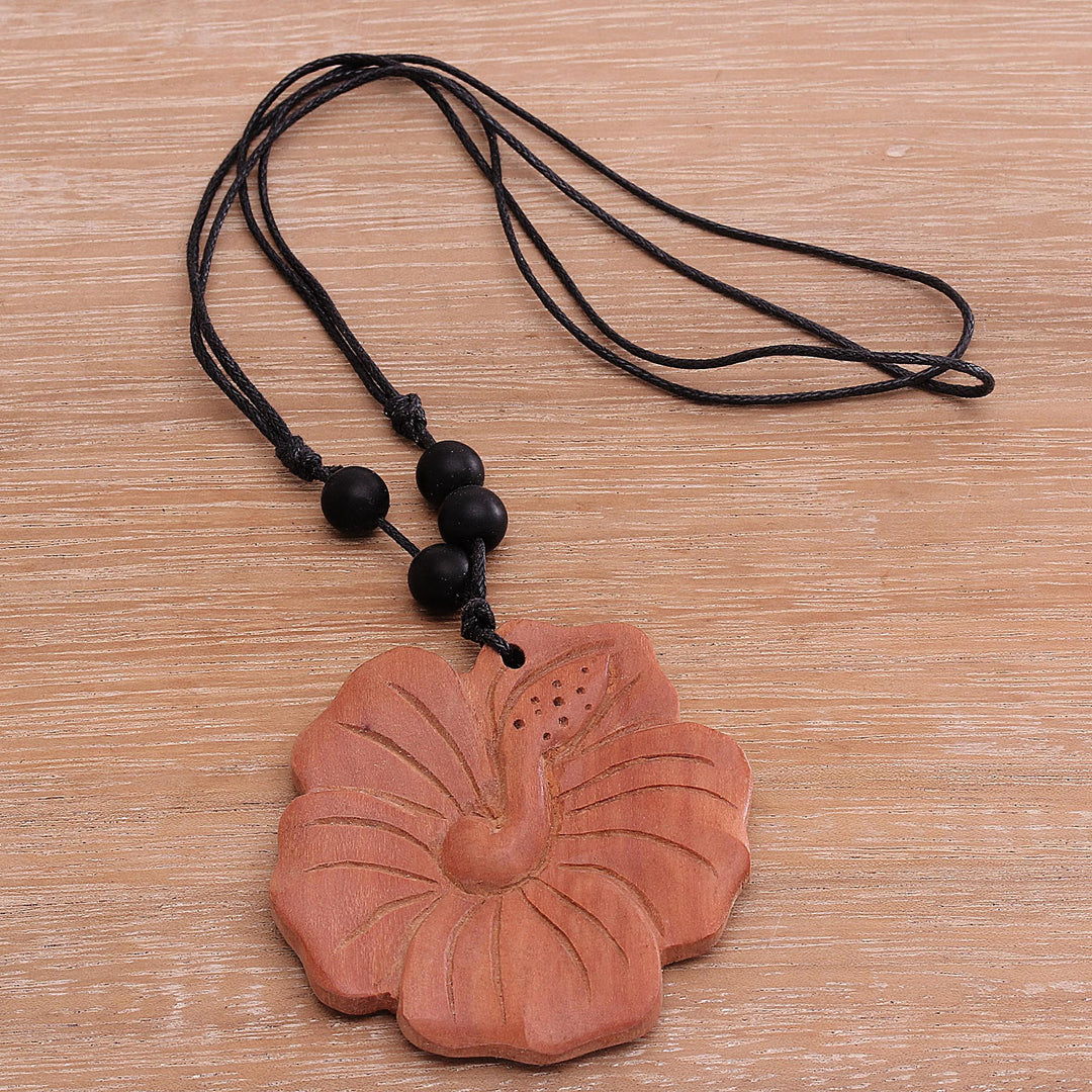 Light Brown Wood Hibiscus Flower Necklace from Bali - Light Brown Shoe Flower