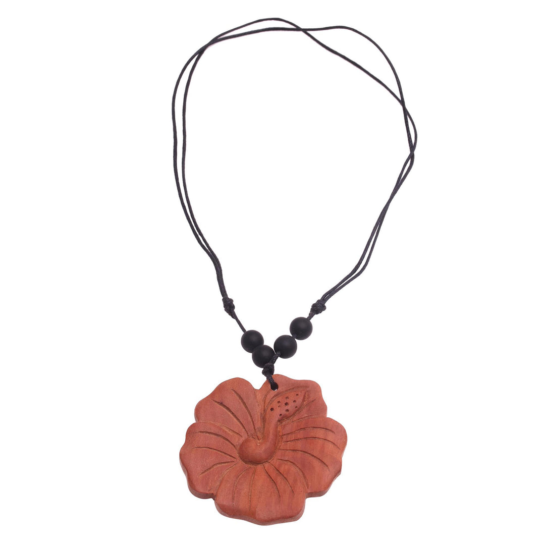 Light Brown Wood Hibiscus Flower Necklace from Bali - Light Brown Shoe Flower