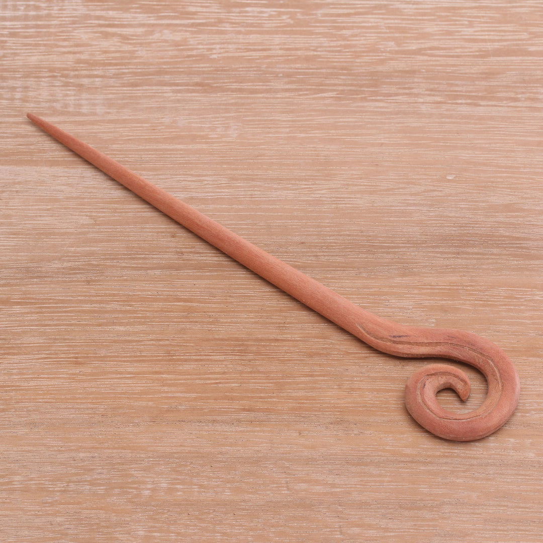 Light Brown Sawo Wood Spiral Motif Hair Pin from Bali - Light Brown Spiral