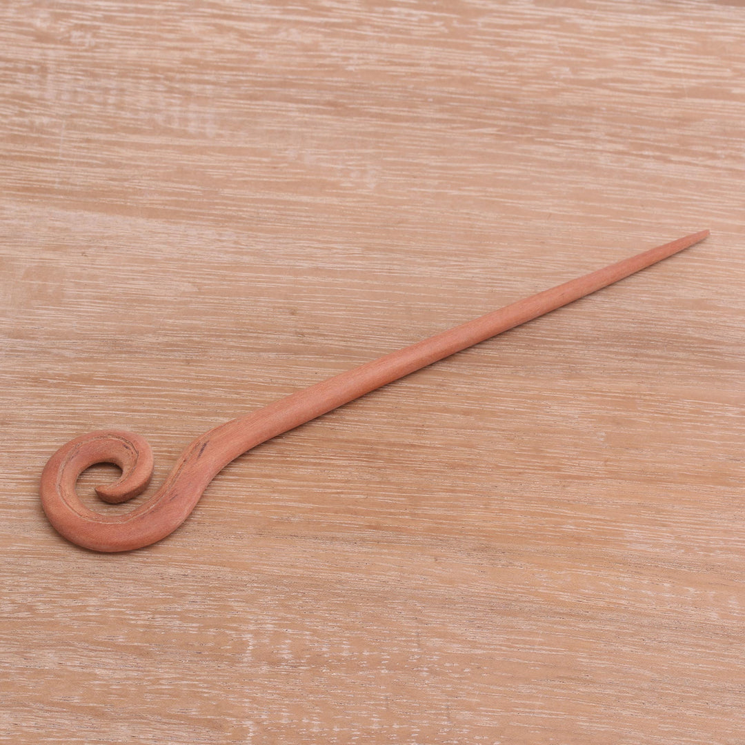 Light Brown Sawo Wood Spiral Motif Hair Pin from Bali - Light Brown Spiral