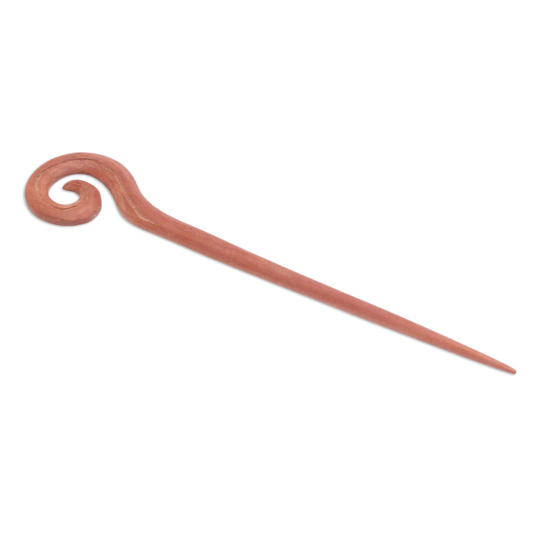 Light Brown Sawo Wood Spiral Motif Hair Pin from Bali - Light Brown Spiral