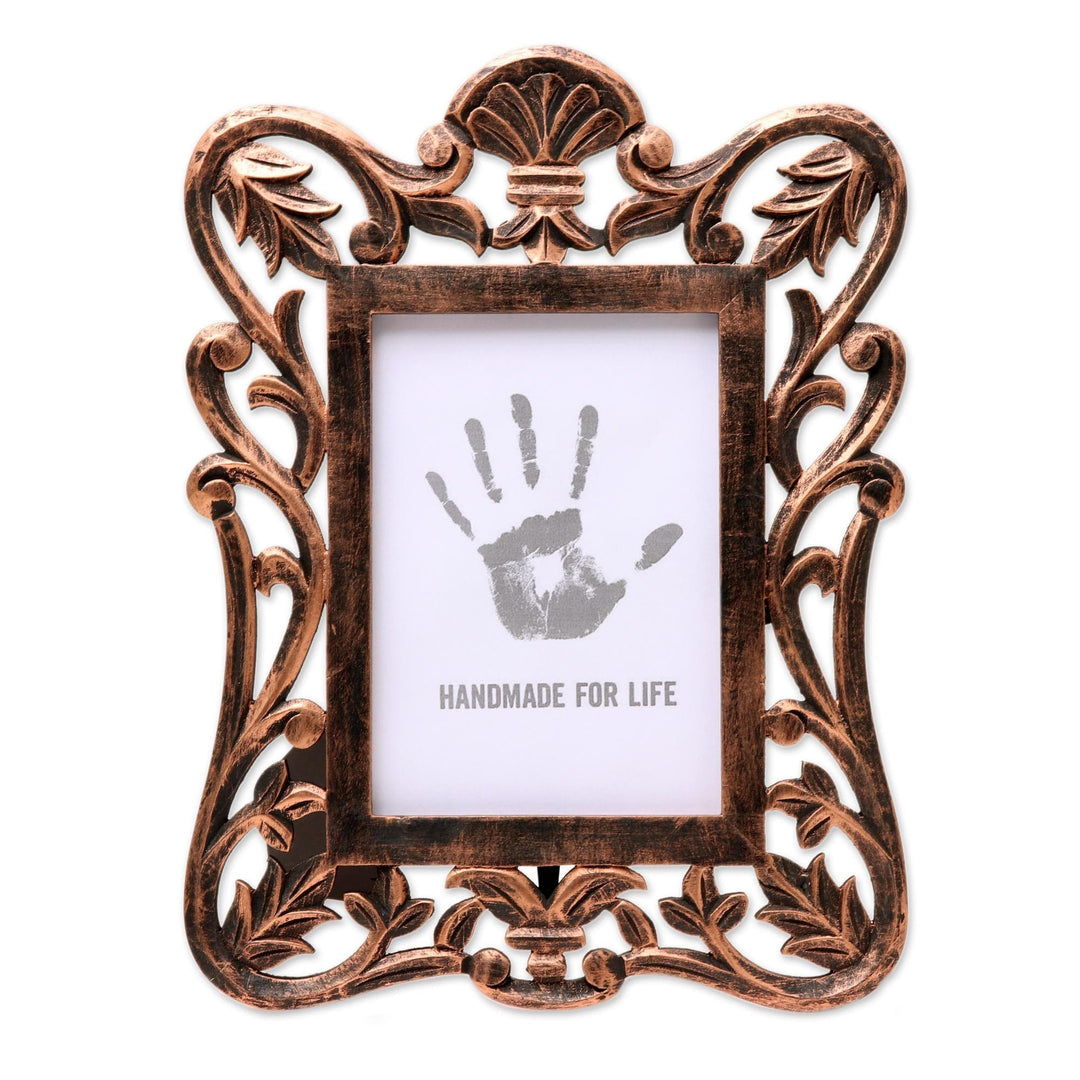 Copper-Colored Carved Rustic Mango Wood Photo Frame - Leafy Celebration
