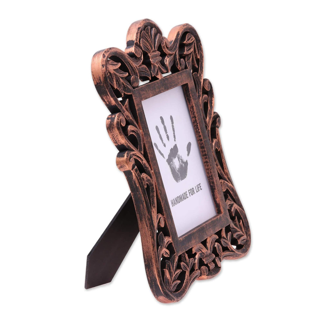 Copper-Colored Carved Rustic Mango Wood Photo Frame - Leafy Celebration