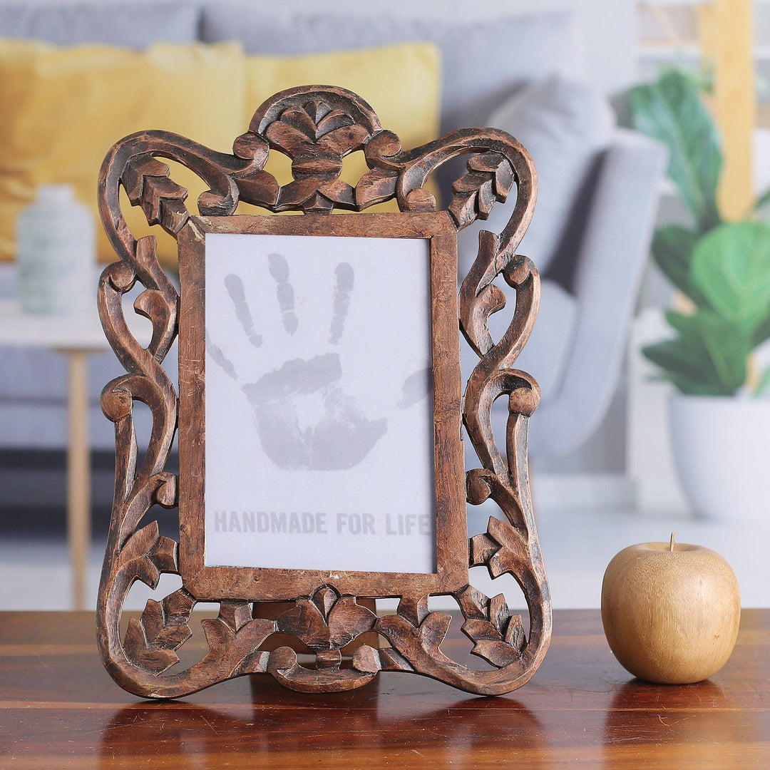 Copper-Colored Carved Rustic Mango Wood Photo Frame - Leafy Celebration