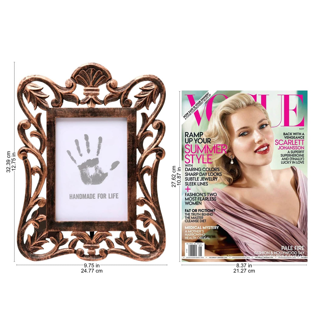 Copper-Colored Carved Rustic Mango Wood Photo Frame - Leafy Celebration