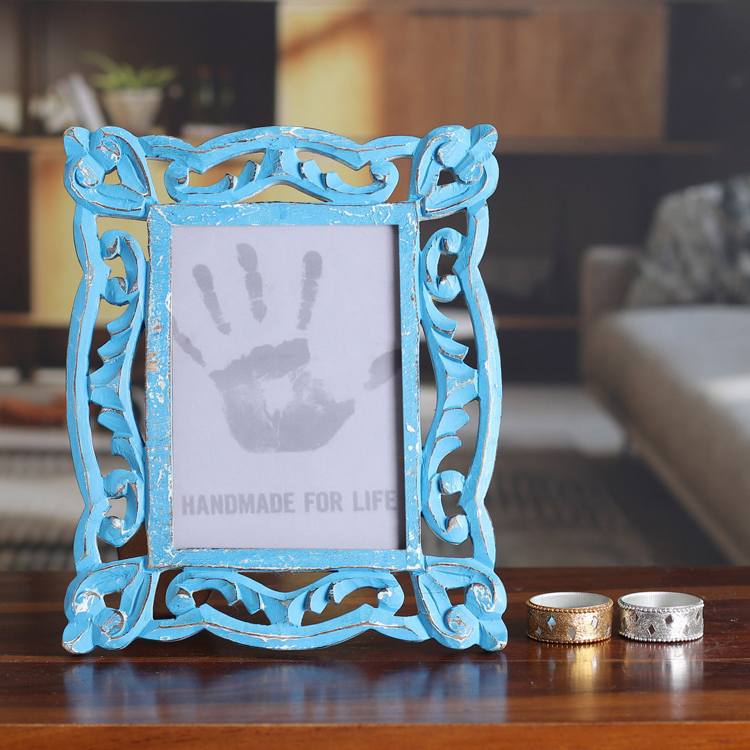 Hand-Carved Blue Shabby-Chic Mango Wood Photo Frame 5x7 - Memory Keeper
