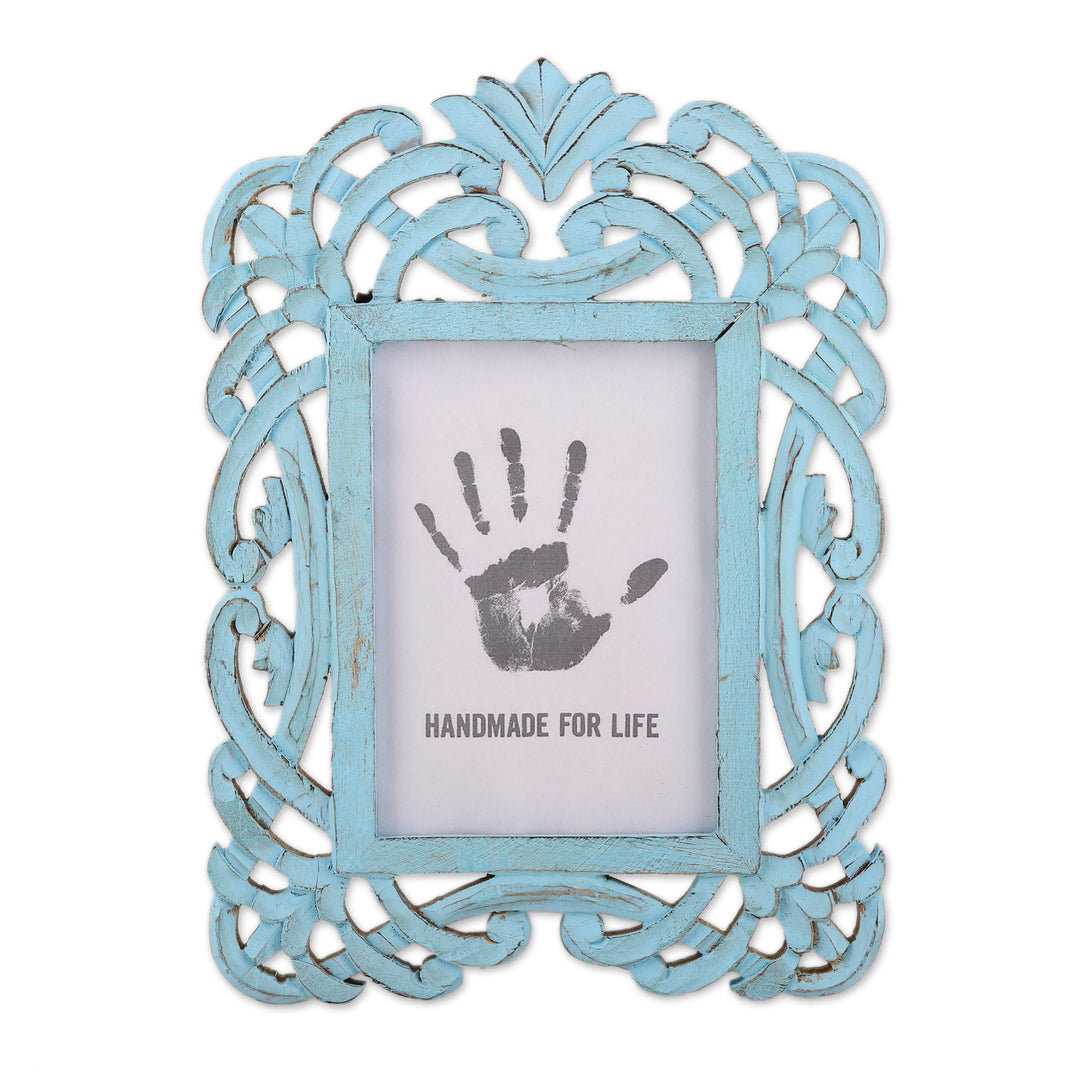 Blue Distressed Hand Carved Mango Wood Photo Frame 5x7 - Wrapped in Blue