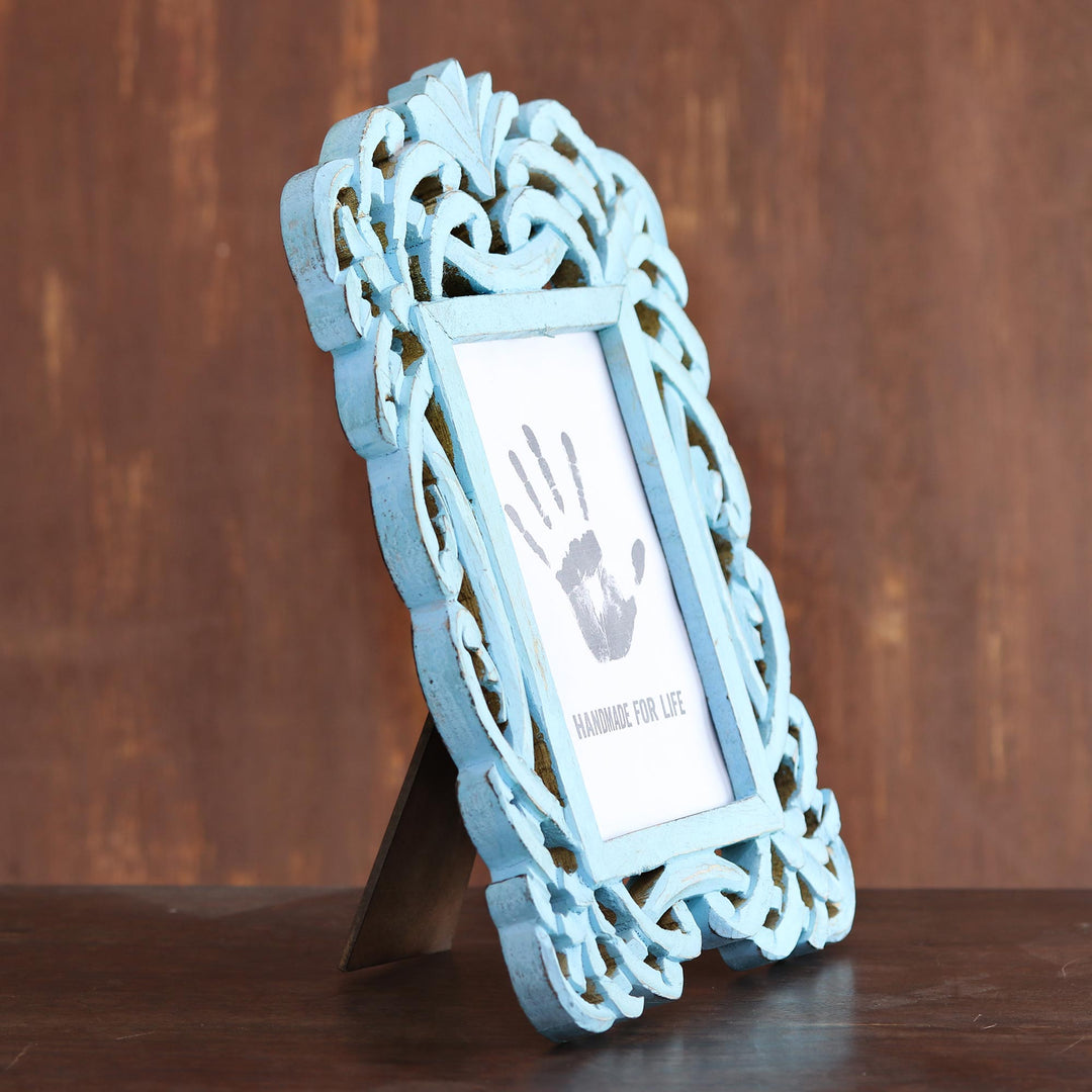Blue Distressed Hand Carved Mango Wood Photo Frame 5x7 - Wrapped in Blue