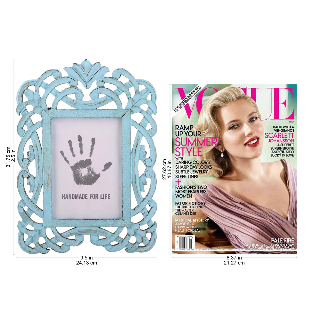 Blue Distressed Hand Carved Mango Wood Photo Frame 5x7 - Wrapped in Blue