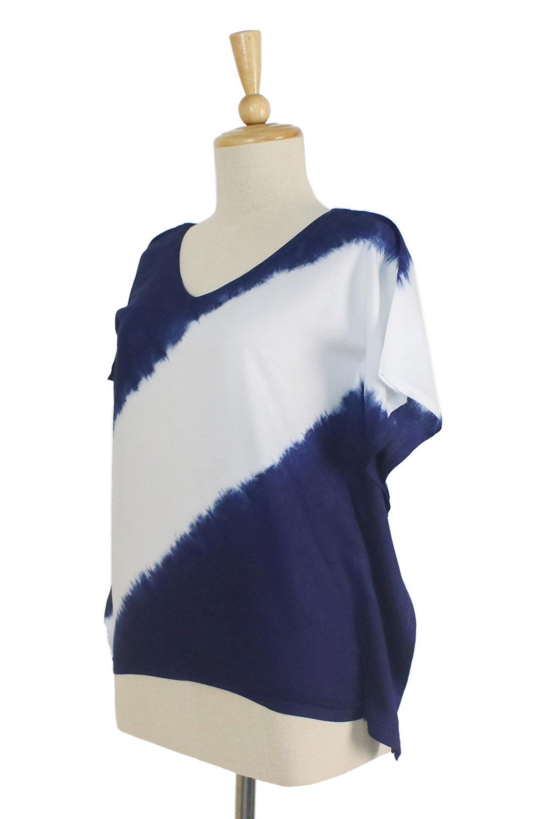 Indigo Diagonal Stripe Tie-Dye Short Sleeve Cotton Blouse - Soar