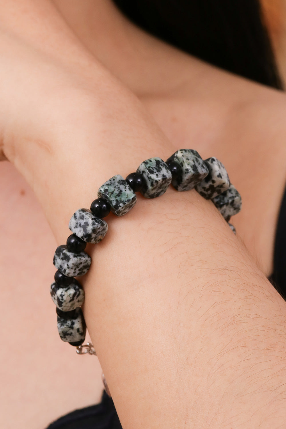 Jasper and Onyx Beaded Bracelet from Thailand - Dalmatian Squares