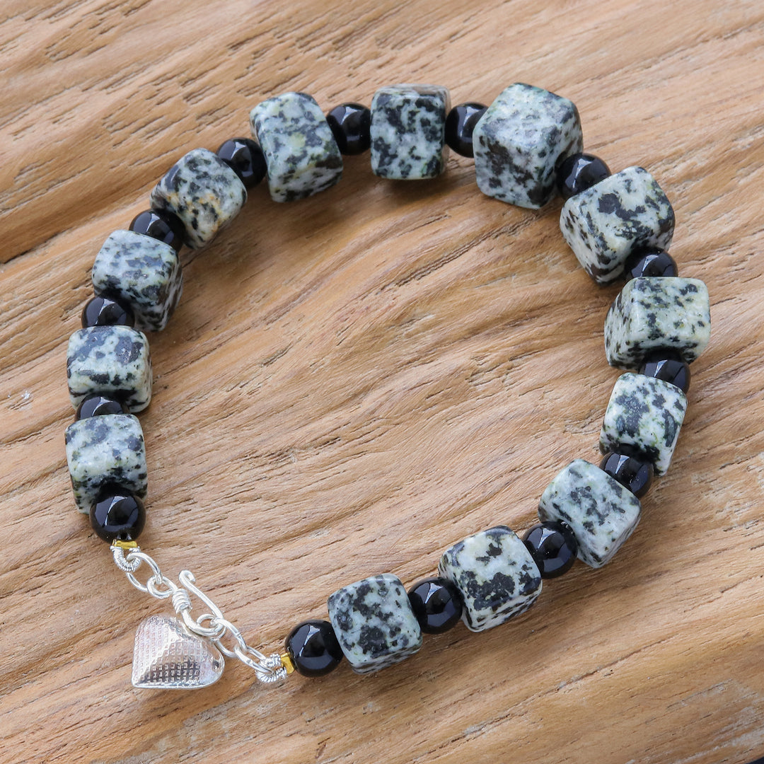 Jasper and Onyx Beaded Bracelet from Thailand - Dalmatian Squares