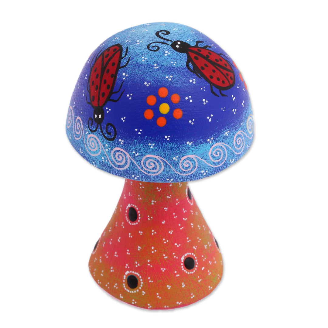Hand Painted Wood Alebrije Mushroom Figurine from Mexico - Lady Bug Mushroom