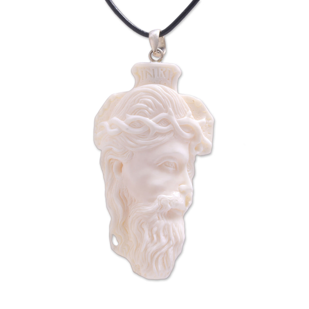 Hand-Carved Bone Jesus Pendant Necklace from Bali - Jesus Portrait