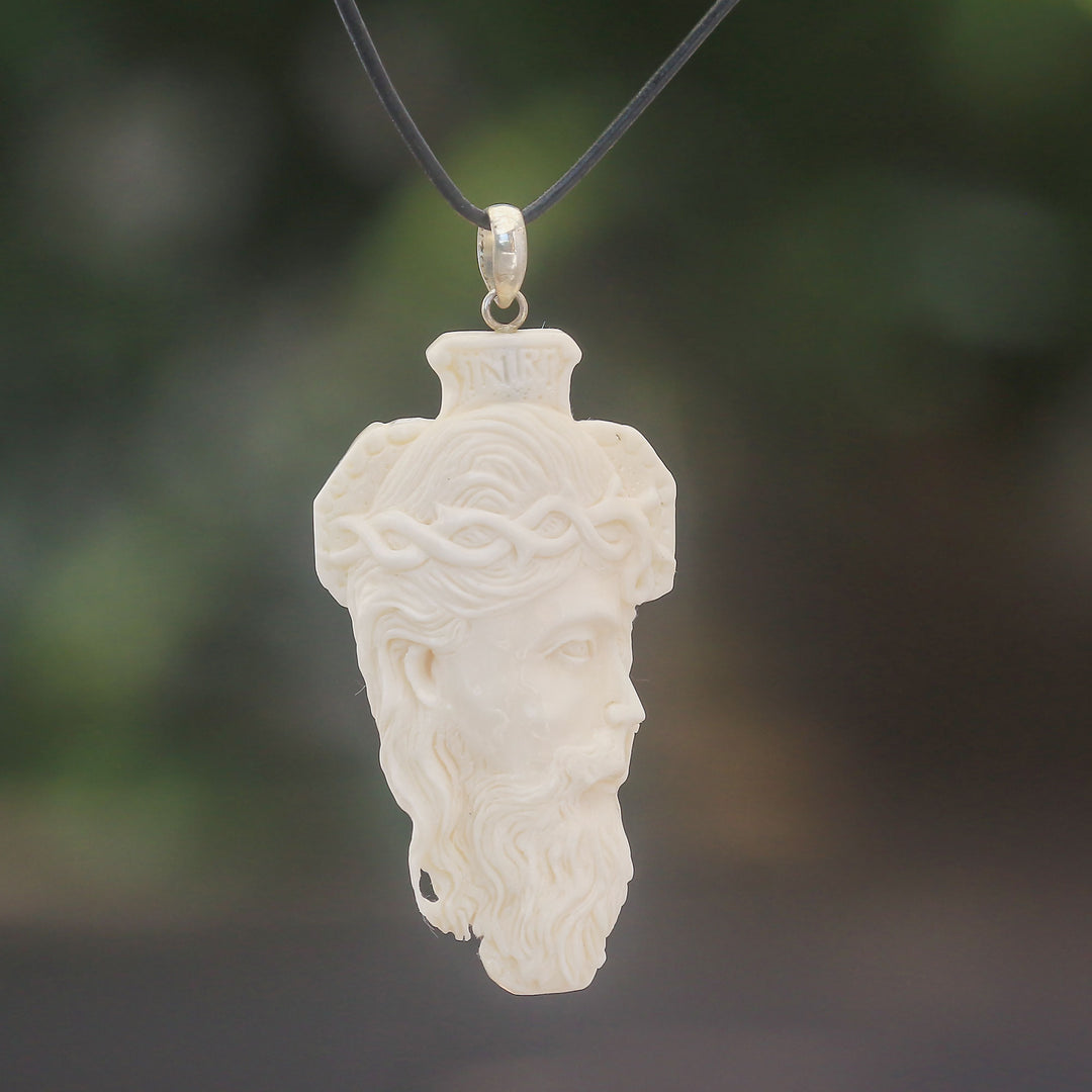 Hand-Carved Bone Jesus Pendant Necklace from Bali - Jesus Portrait