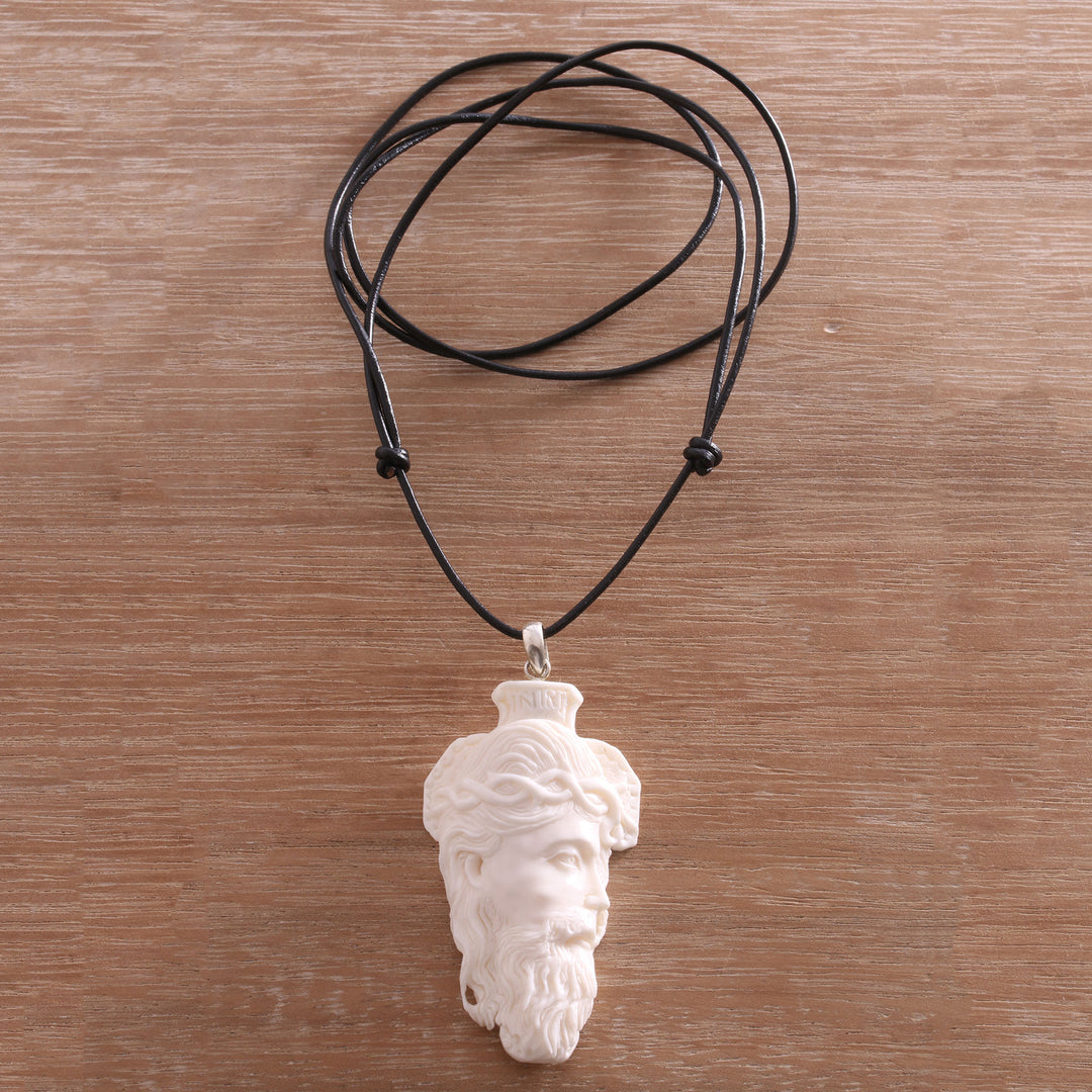Hand-Carved Bone Jesus Pendant Necklace from Bali - Jesus Portrait
