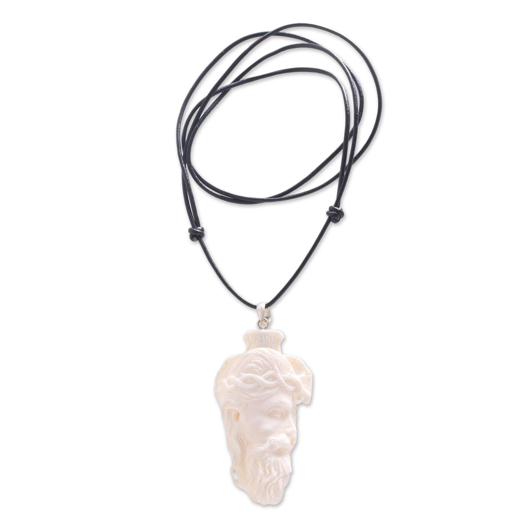 Hand-Carved Bone Jesus Pendant Necklace from Bali - Jesus Portrait