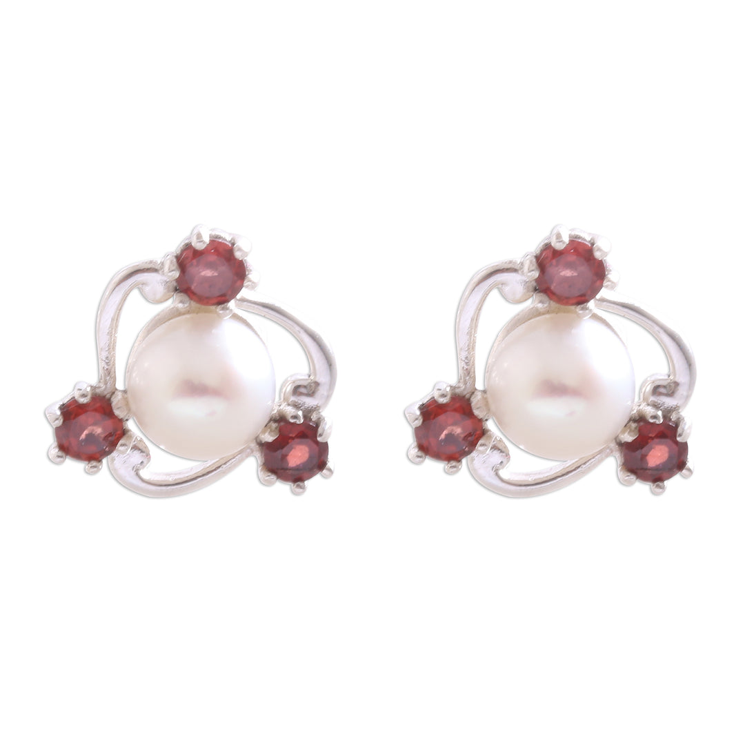 Cultured Pearl and Garnet Stud Earrings from Bali - Sparks Fly