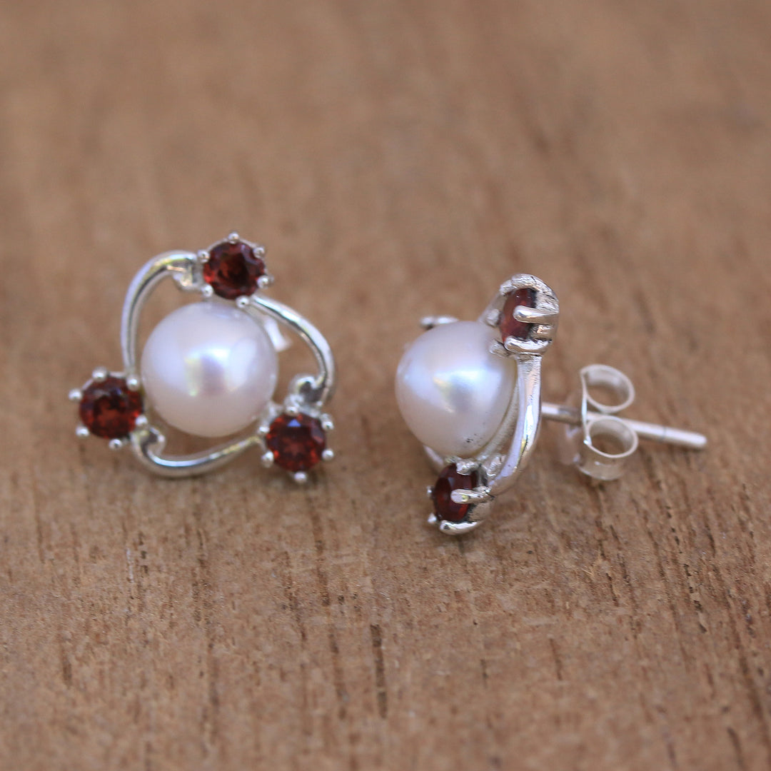 Cultured Pearl and Garnet Stud Earrings from Bali - Sparks Fly
