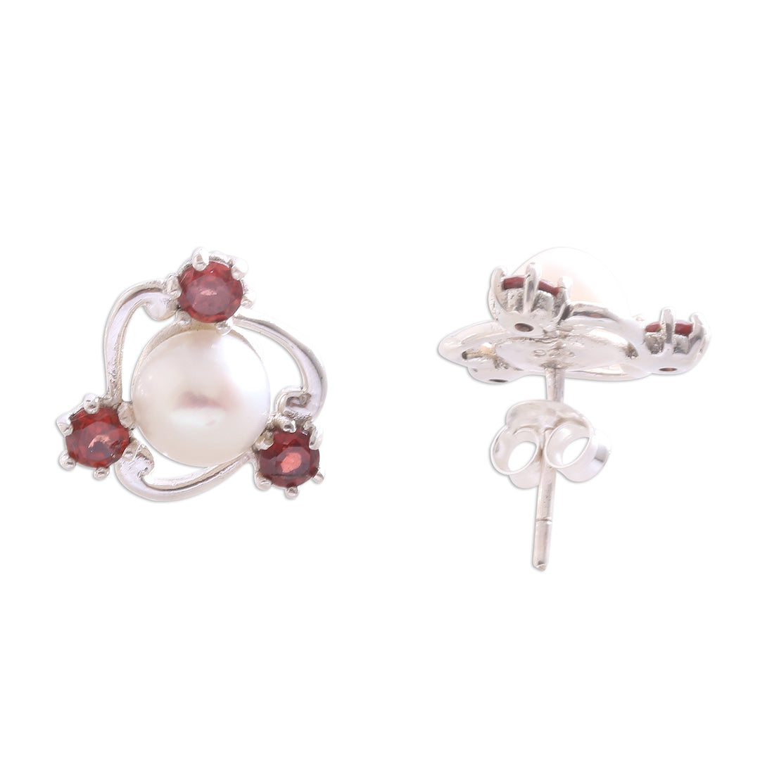 Cultured Pearl and Garnet Stud Earrings from Bali - Sparks Fly