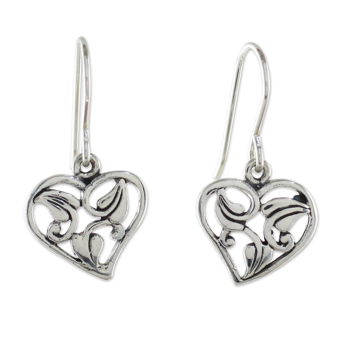 Leaf Motif Sterling Silver Heart Earrings from Thailand - Natural Lover