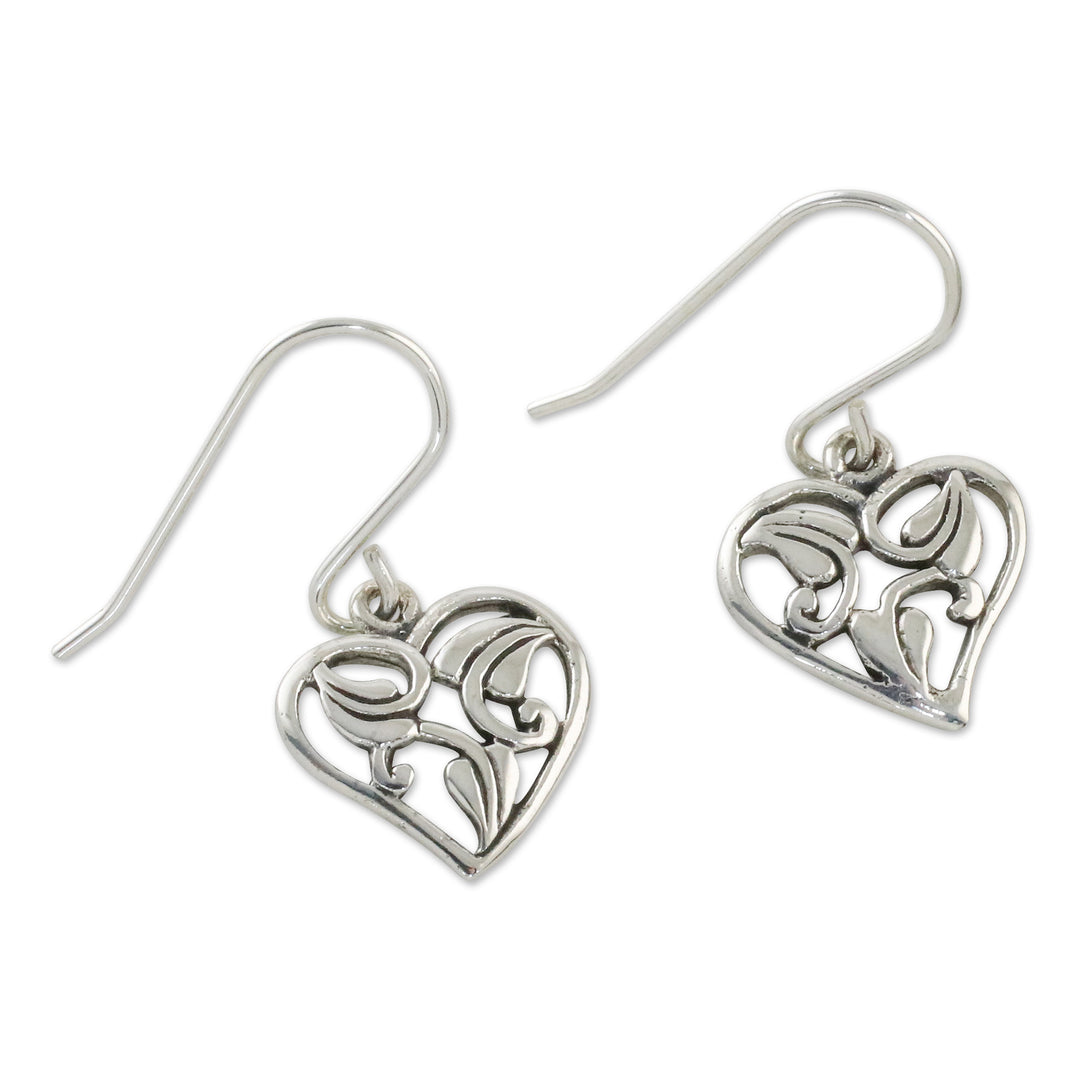 Leaf Motif Sterling Silver Heart Earrings from Thailand - Natural Lover