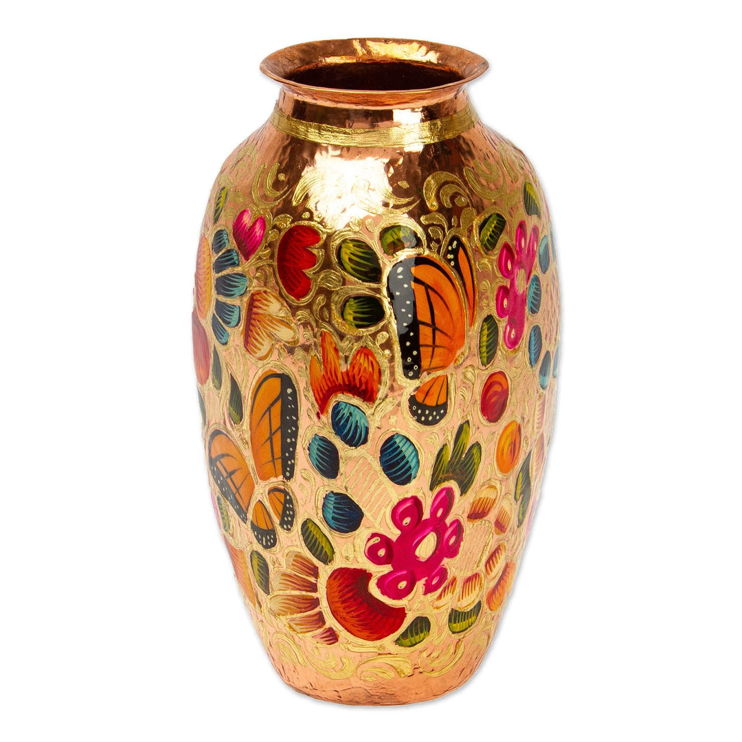 Handcrafted Copper and Gold Leaf Vase from Mexico - Butterfly Dance
