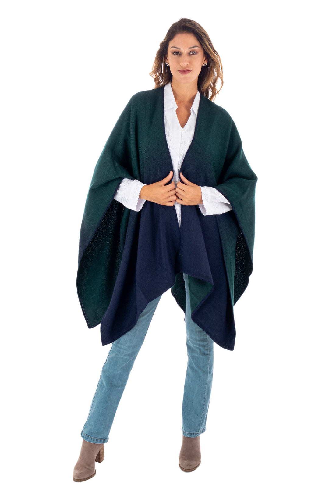 Reversible Alpaca Blend Ruana in Navy and Kelly Green - Andean Vistas