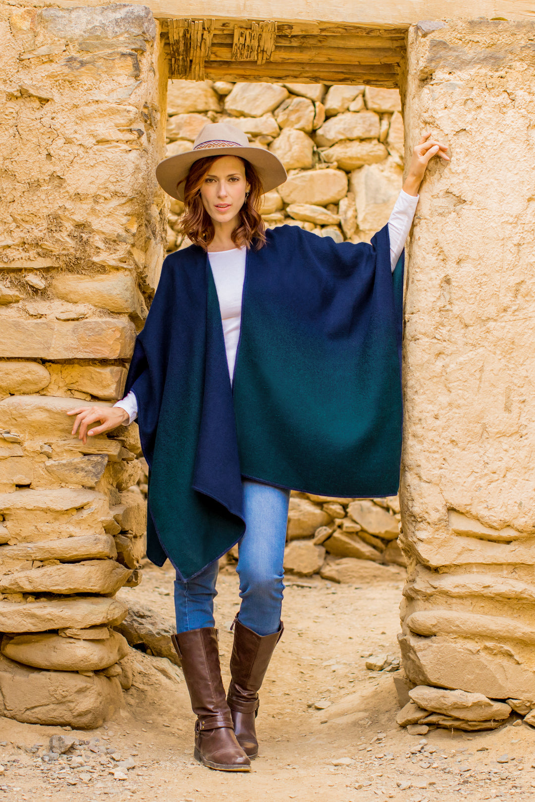 Reversible Alpaca Blend Ruana in Navy and Kelly Green - Andean Vistas