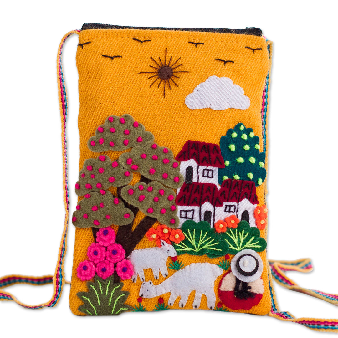 Andean Shepherdess Scene Cotton Blend Appliqué Shoulder Bag - Valley Home