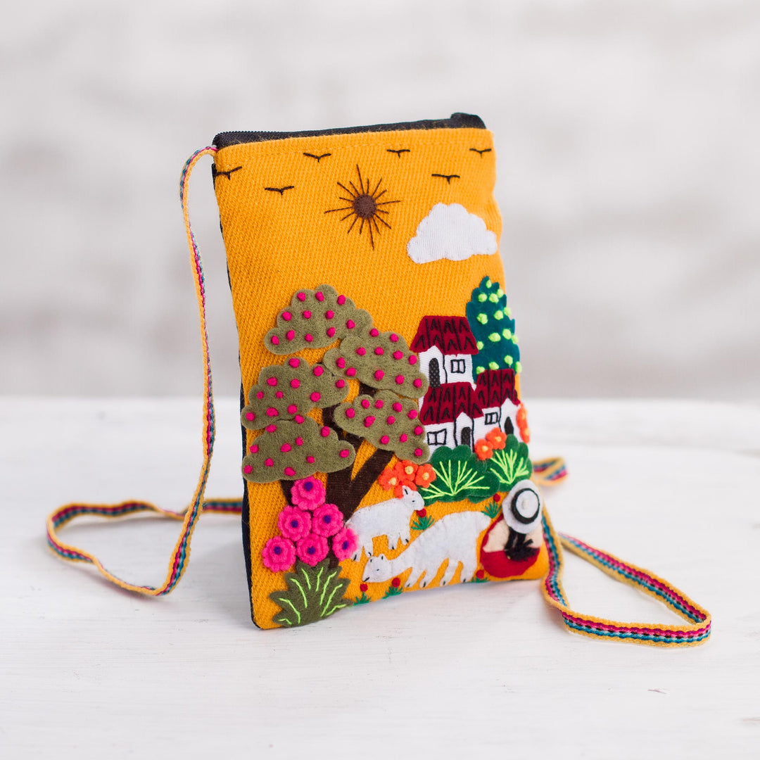 Andean Shepherdess Scene Cotton Blend Appliqué Shoulder Bag - Valley Home